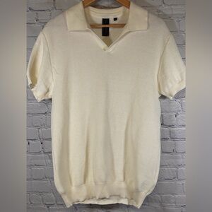Soul Star Cream Textured Knit Contemporary Slim Preppy Collegiate Polo Shirt L